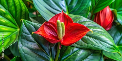 A delicate flower unfurls its crimson petals, revealing hints of its beauty, as vibrant green leaves partially conceal its nascent structure.