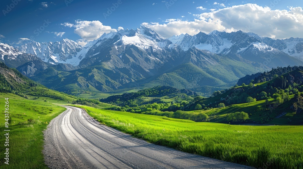 Naklejka premium A scenic road through green pastures, leading towards snow-capped peaks under a bright blue sky, capturing the beauty of a rural countryside.