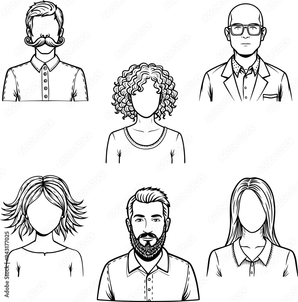 Avatars of men with beards and mustaches, wearing glasses, and women with different hairstyles. Set of vector sketches of people on transparent backgrounds Avatars of men with beards and mustaches, wearing glasses, and women with different hairstyles. Set of vector sketches of people on transparent backgrounds