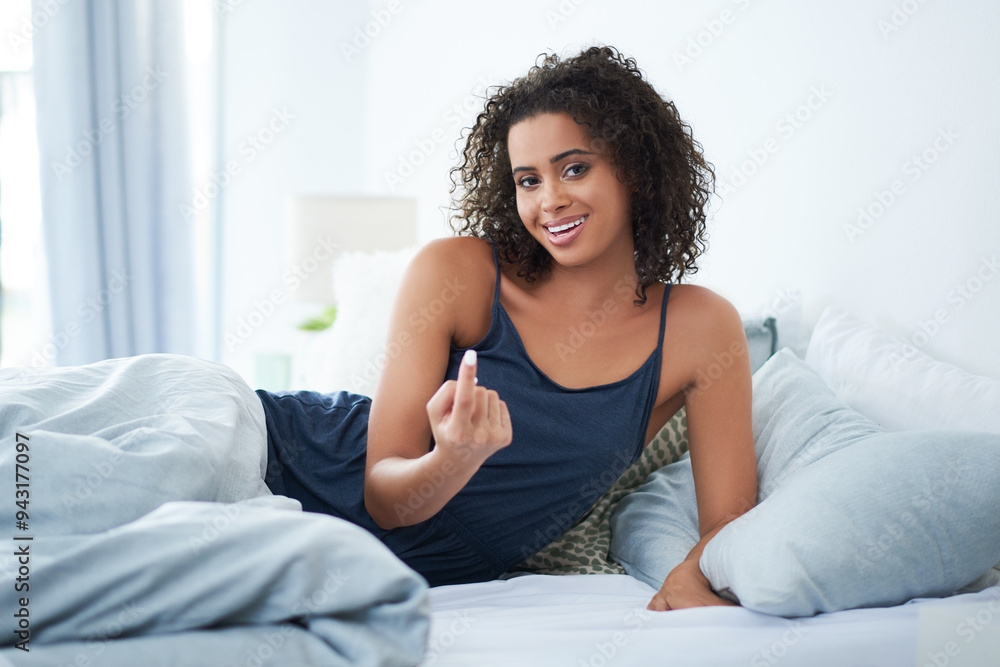 Portrait, woman and bedroom with inviting gesture, rest and home for comfort, calm or peace. Female person, morning and relax for self care, wellness and sleep in house for seductive, wake up or call Portrait, woman and bedroom with inviting gesture, rest and home for comfort, calm or peace. Female person, morning and relax for self care, wellness and sleep in house for seductive, wake up or call