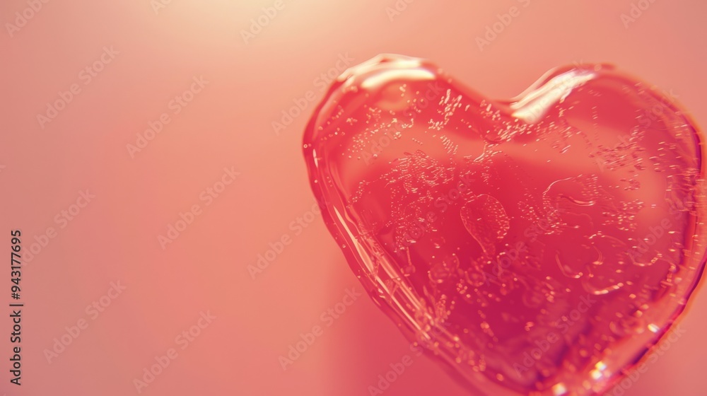 Fototapeta premium A translucent, textured heart shape with tiny bubbles encased in it set against a soft pink background, creating a romantic atmosphere.