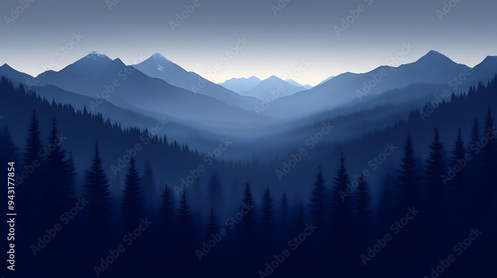 A mountain range with a blue sky and a forest. The mountains are covered in trees and the sky is clear A mountain range with a blue sky and a forest. The mountains are covered in trees and the sky is clear