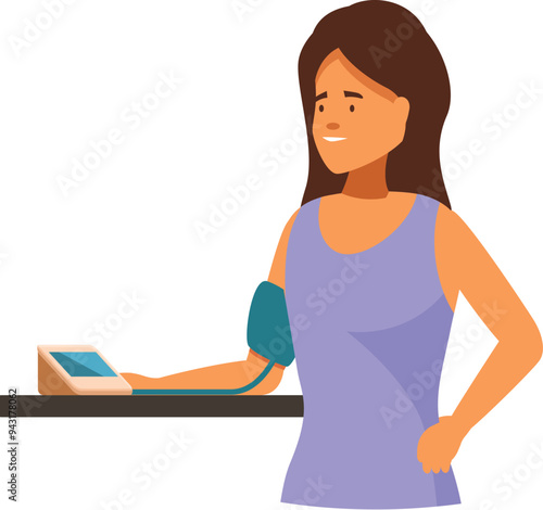 Young woman is taking her own blood pressure at home using a digital blood pressure monitor