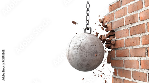 Destructive power of a wrecking ball crashing through a brick wall cut out transparent isolated on white background PNG