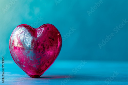 A glossy pink heart stands out against a vibrant blue background. The image exudes warmth and affection and is perfect for themes of love and romance. Ideal for Valentine s Day promotions or expressin photo