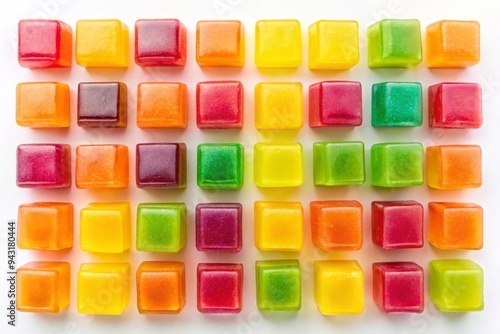 Colorful square-shaped gummy candies arranged in a grid pattern on a white background, showcasing their vibrant hues and playful geometric shape. photo