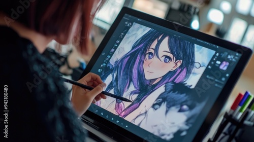 An artist drawing anime characters on a tablet in a creative workspace