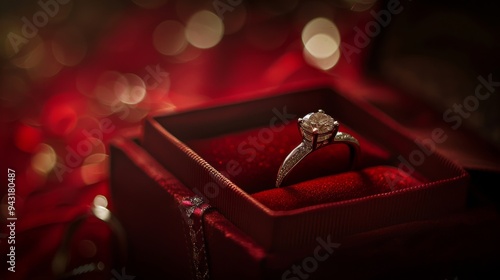 A close-up shot of an elegant diamond ring in a velvet box against a rich, deep red background, exuding luxury and romance.