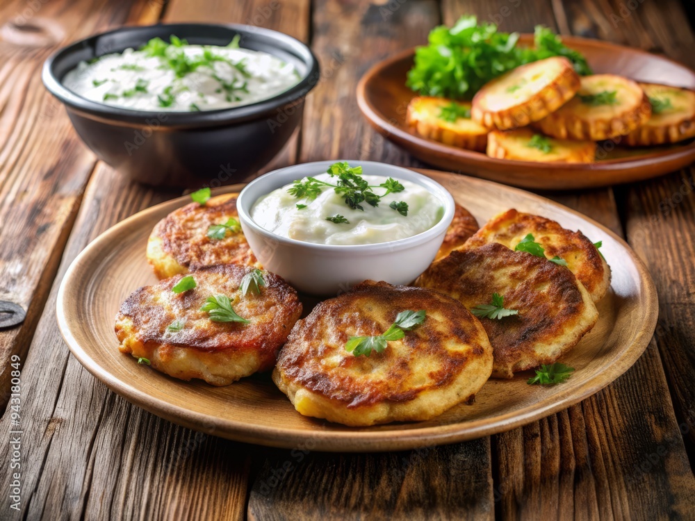 Grilled meat joins savory potato pancakes on a plate, accompanied by a small bowl of chilled sour cream for a satisfying dinner duo. Grilled meat joins savory potato pancakes on a plate, accompanied by a small bowl of chilled sour cream for a satisfying dinner duo.