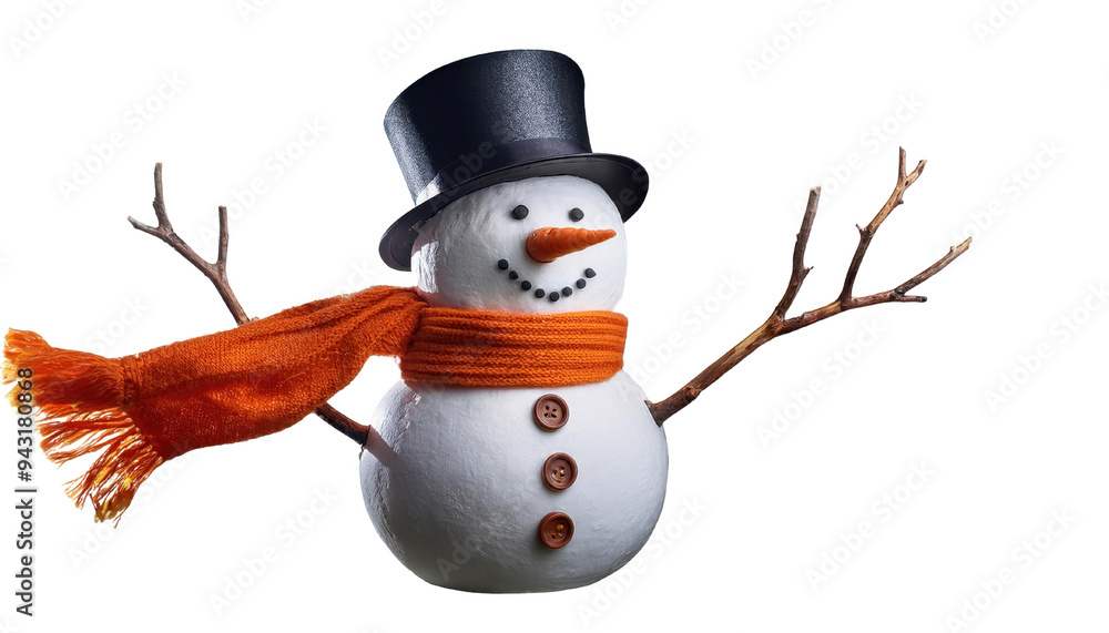 Cheerful snowman adorned with a black top hat and bright orange scarf, cut out transparent isolated on white background PNG Cheerful snowman adorned with a black top hat and bright orange scarf, cut out transparent isolated on white background PNG