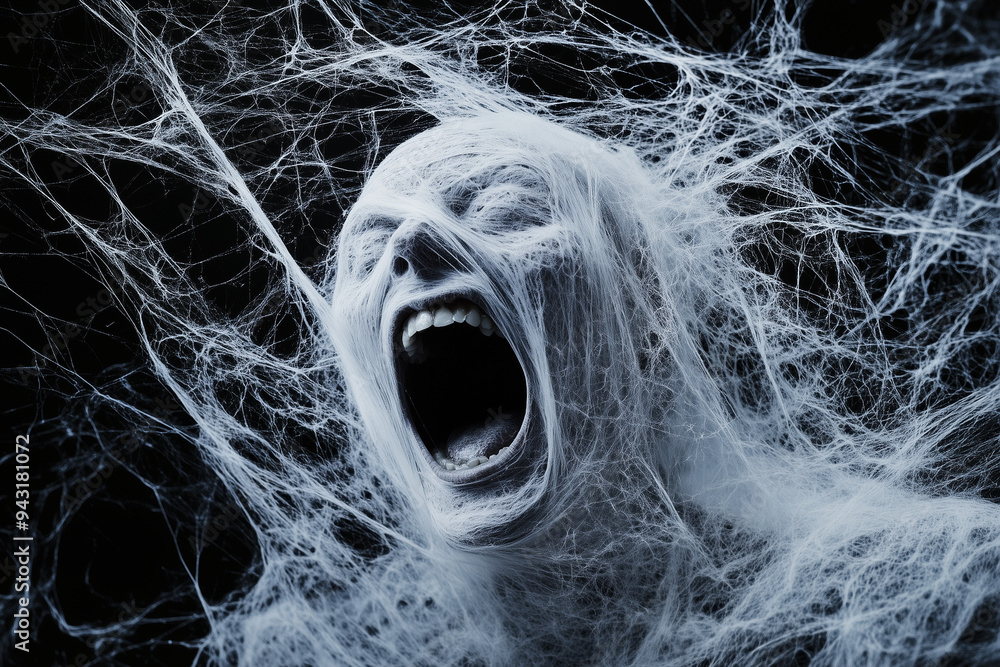 Screaming creepy character covered with spiderweb on black background, Halloween concept Screaming creepy character covered with spiderweb on black background, Halloween concept