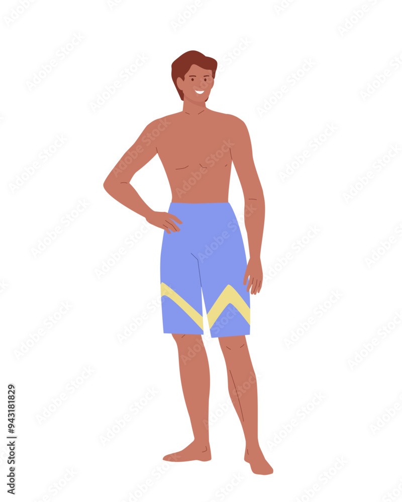 Young happy man standing in swimming shorts. Active male character on summer recreation, sea leisure Young happy man standing in swimming shorts. Active male character on summer recreation, sea leisure