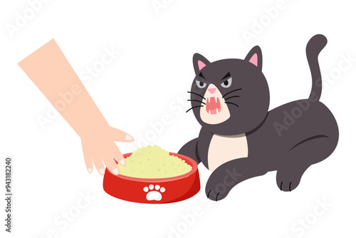 cat will attack hand to protect it food . rabies prevention concept