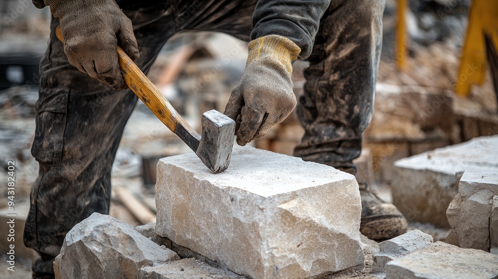 Close-up of a construction worker using a chisel and hammer to carve a stone block on-site Close-up of a construction worker using a chisel and hammer to carve a stone block on-site