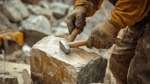 Close-up of a construction worker using a chisel and hammer to carve a stone block on-site