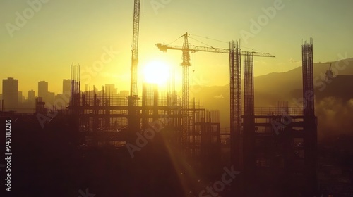 Construction site at sunset, with cranes and scaffolding casting long shadows across the site