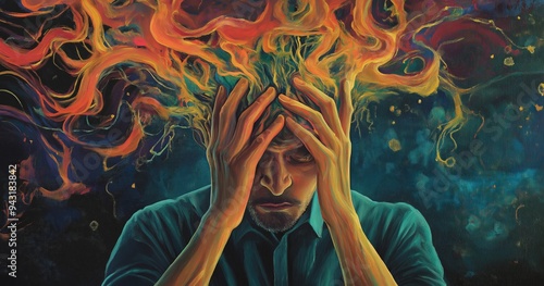 An illustration of a man with Obsessive-Compulsive Disorder (OCD), depicting the struggles and repetitive behaviors associated with the condition