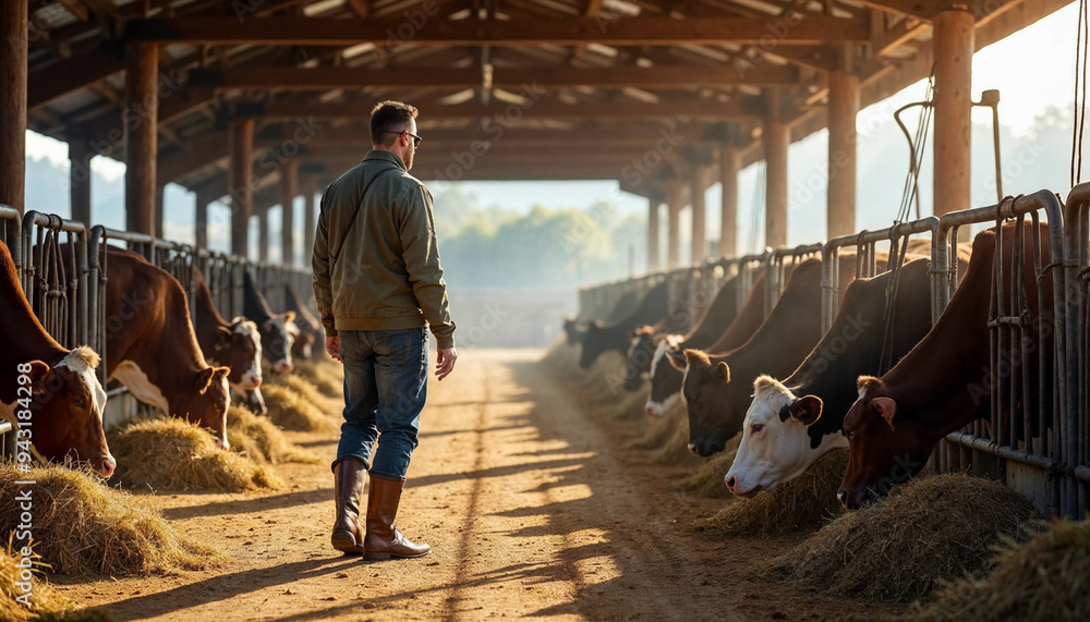 Farmer feeding cows on a rural farm with a barn and pasture in the background.
Farmer feeding cows on a rural farm with a barn and pasture in the background.