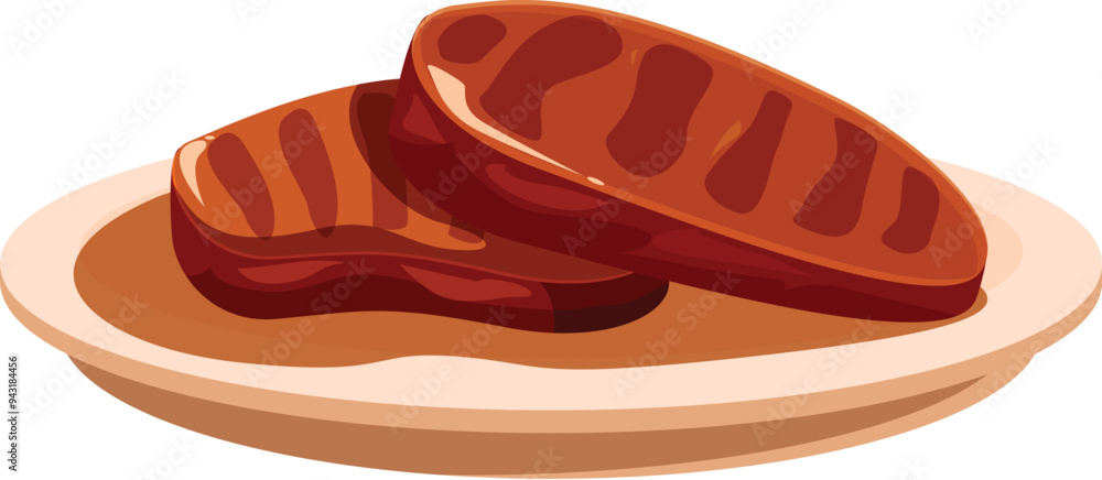 Two grilled steaks are laying on a plate, ready to be served Two grilled steaks are laying on a plate, ready to be served