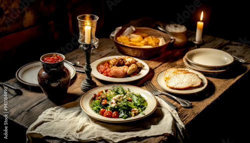 A rustic table set with a variety of delicious dishes, candles illuminating the cozy atmosphere of a traditional meal.