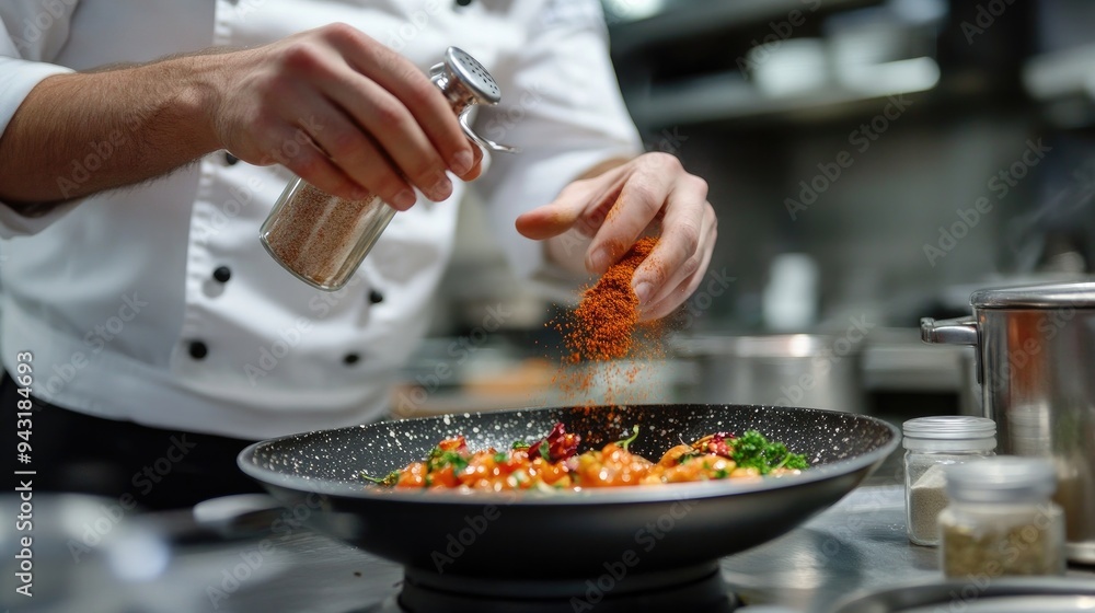 Chef adding spices to a dish being prepared in a professional kitchen Chef adding spices to a dish being prepared in a professional kitchen