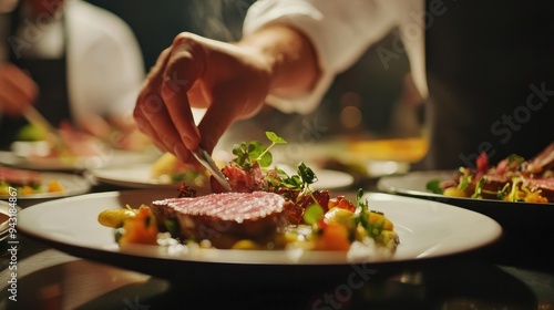 Close-up of a chef plating a gourmet dish with artistic presentation