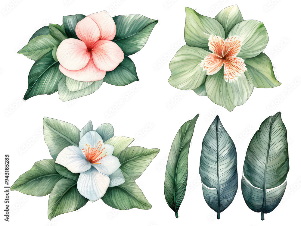 Fototapeta premium pink lily flowers,bouquet of flowers isolated,set of leaves and flowers,lily of the valley,bouquet of flowers