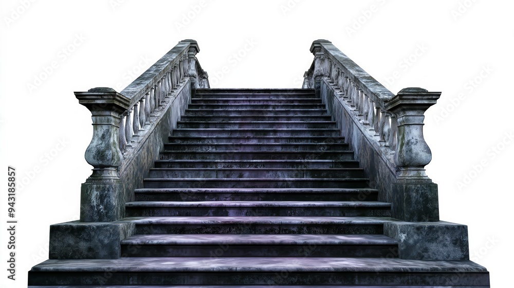 Fototapeta premium Ancient Style Stone Steps with Ornamental Side Walls Depicting Timeless Architecture Isolated on White Background