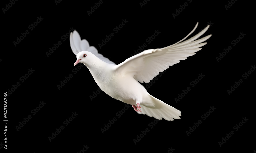 Fototapeta premium a pure white dove in mid-flight its wings fully extended against a deep black background