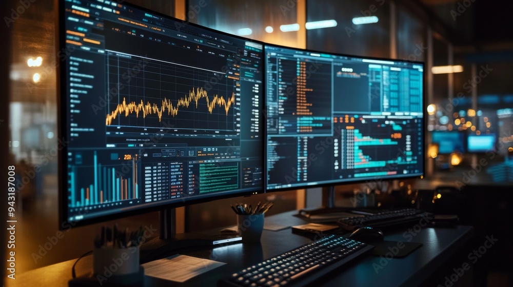A wide-angle view of a financial workspace with a focus on a gold price graph displayed on multiple monitors, with financial reports and charts.