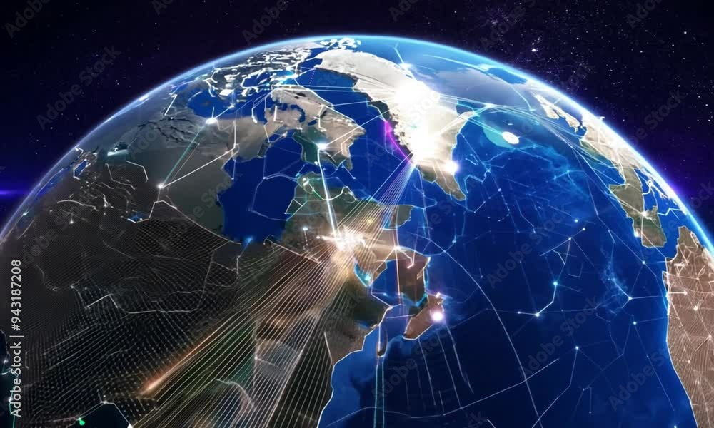 Abstract Digital Grid Above Earth with Growing Neural Networks Covering Planet Views from Space