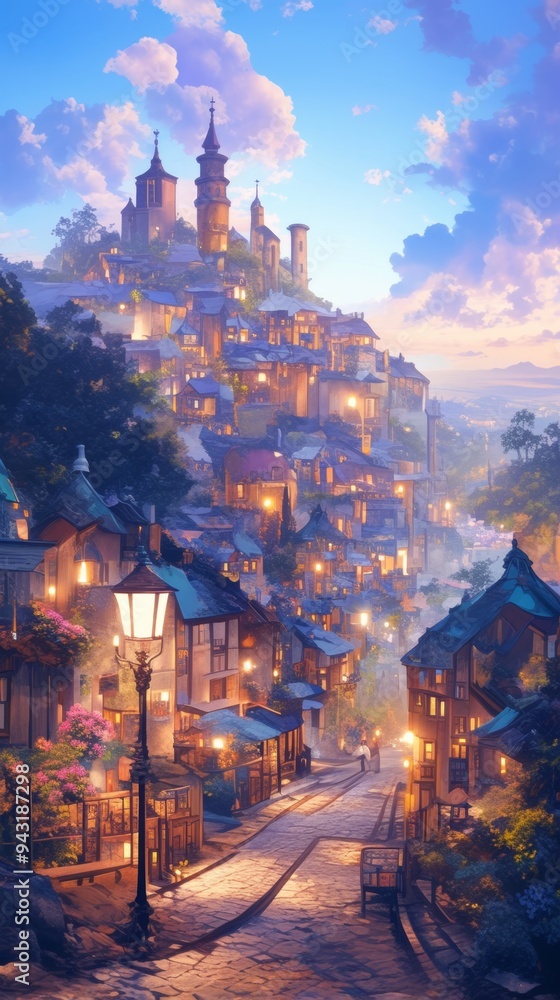Naklejka premium Enchanting Digital Fairytale Town: Abstract European Street Scene with Anime-Inspired Aesthetics. Conceptual Art for Novel Backgrounds, Video Game Environments, and Industrial Landscapes. Elegant Mini