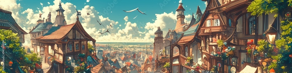 Fototapeta premium Enchanting Digital Fairytale Town: Abstract European Street Scene with Anime-Inspired Aesthetics. Conceptual Art for Novel Backgrounds, Video Game Environments, and Industrial Landscapes. Elegant Mini