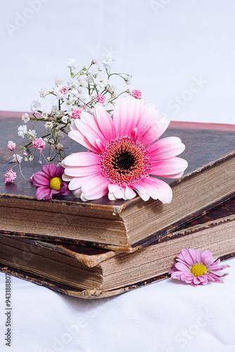 De magnifiques fleurs avec de vieux livres