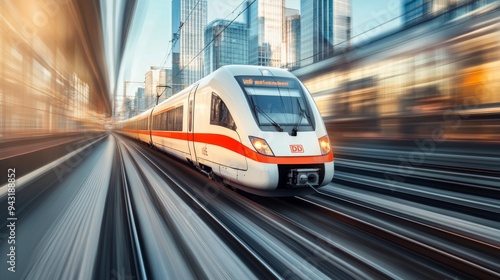 Wallpaper Mural A wide-angle view of an electric train speeding through a cityscape, with motion blur effects emphasizing its speed and efficiency. Torontodigital.ca