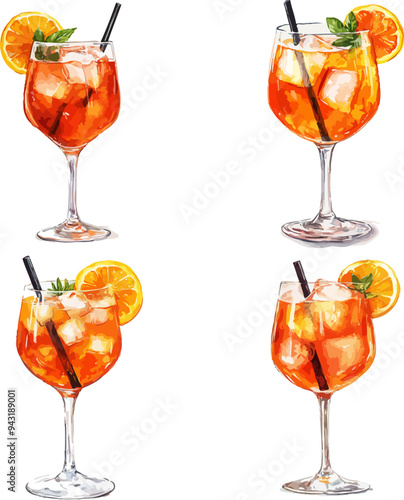 Delicious Spritz Cocktail Set Watercolor Vector Illustration.