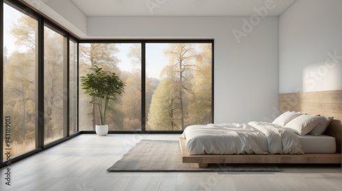 Modern Bedroom with Wooden Bed and Large Windows Overlooking Forest