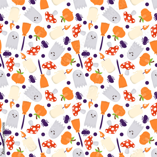 Seamless pattern with ghost, fly agaric, candle, spider, pumpkin and broom. In cartoon style. On white background. Halloween theme.Graphic design vector illustration