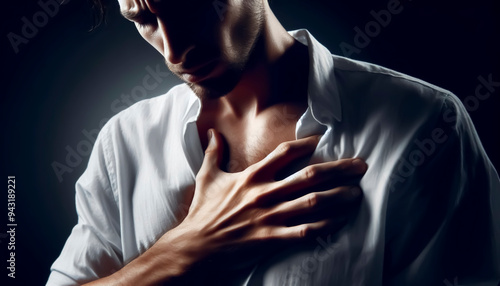 A close-up of a person holding their left chest in pain. The background is blurred and out of focus