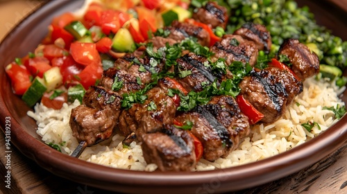 44. A dish of Lebanese kebabs with rice and vegetables