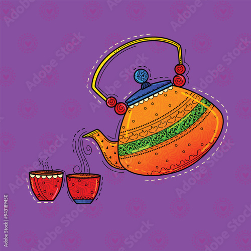 vector illustration of desi (indian) style tea kettle and glass.