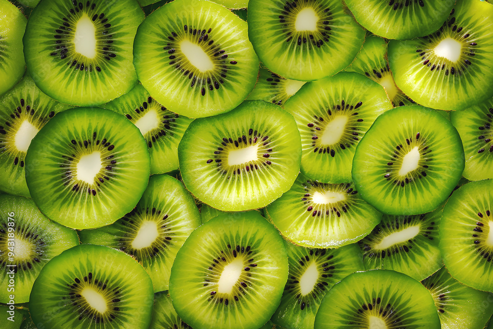 Fresh kiwi slices with vibrant green color and black seeds arranged in a visually appealing pattern Fresh kiwi slices with vibrant green color and black seeds arranged in a visually appealing pattern