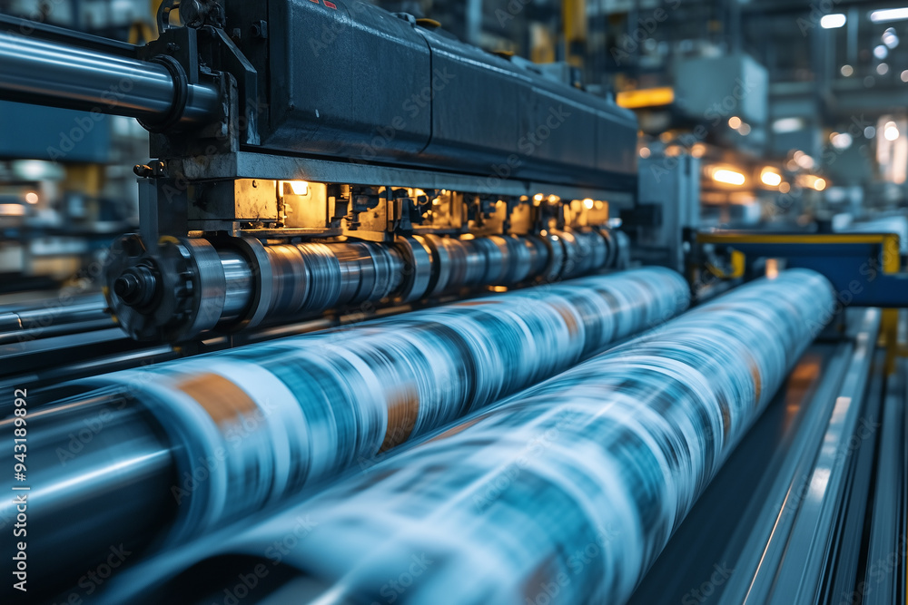 Newspaper printing press with fresh copies rolling off