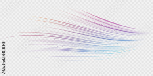 Light beam illustration, neon light strip, high speed motion background, on transparent background in PNG format. Glow luminous glitter shimmer trail.