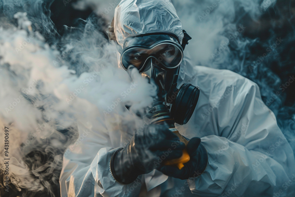 Obraz premium Generative AI illustration of people in biohazard protective clothes suits disinfection pollution gas radioactive elements