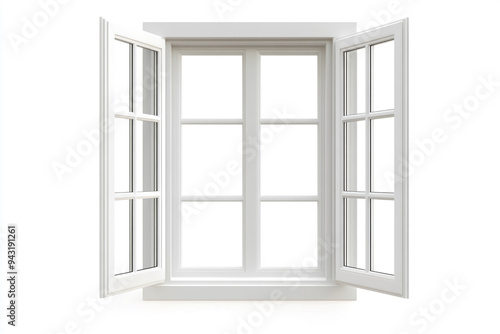 A realistic photo of an open window with white frames, white background, Modern and minimal house window for interior decoration.