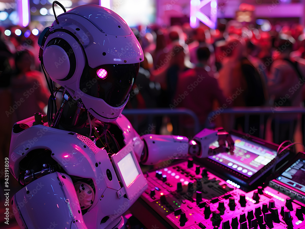 Friendly robot DJ at a party. Neural network AI generated art Friendly robot DJ at a party. Neural network AI generated art