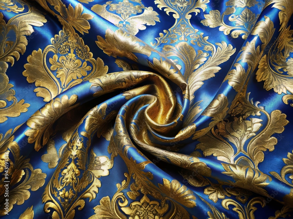 Fototapeta premium A luxurious photo image of a silk fabric features an intricate damask pattern in shimmering gold and blue tones, exuding opulence and elegance.