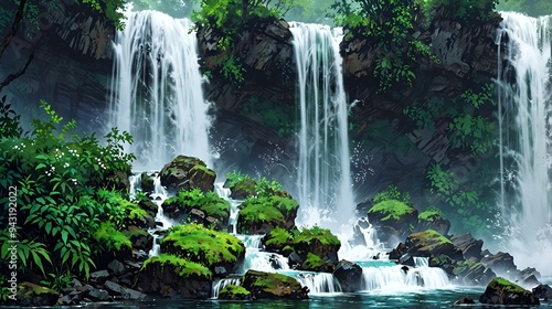 A serene waterfall cascading over rocks, surrounded by vibrant greenery, creating a tranquil natural oasis.