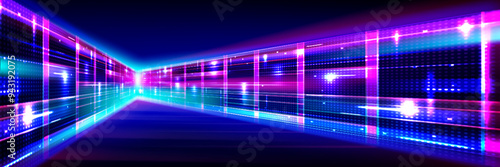 Abstract data center room with bright neon blue and pink light glowing server blocks. Realistic 3d vector illustration of tunnel with digital information and database warehouse super computer.